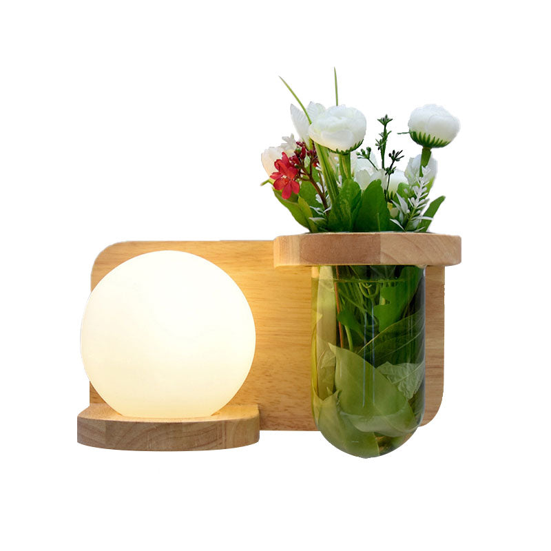Milky Glass Orb Sconce Light Industrial 1 Head Bedroom LED Wall Lighting in Wood, Left/Right