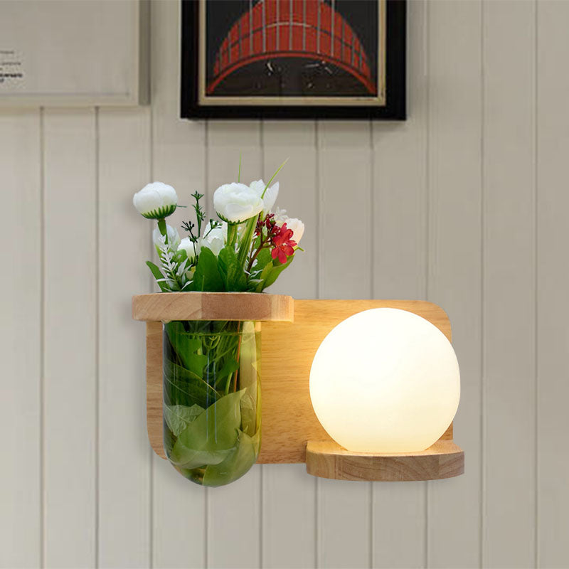 Milky Glass Orb Sconce Light Industrial 1 Head Bedroom LED Wall Lighting in Wood, Left/Right