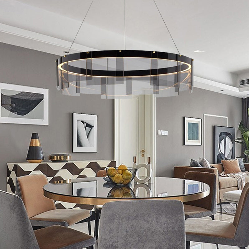 Luz de colgante circular de metal ligero de lámpara LED de lámpara LED moderno con sombra de vidrio
