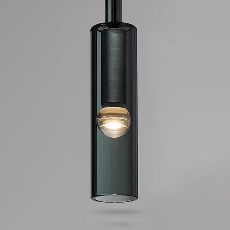 Luce a sospensione grigio in cristallo in moderna lampada a sospensione cilindrica di rame per sala da pranzo