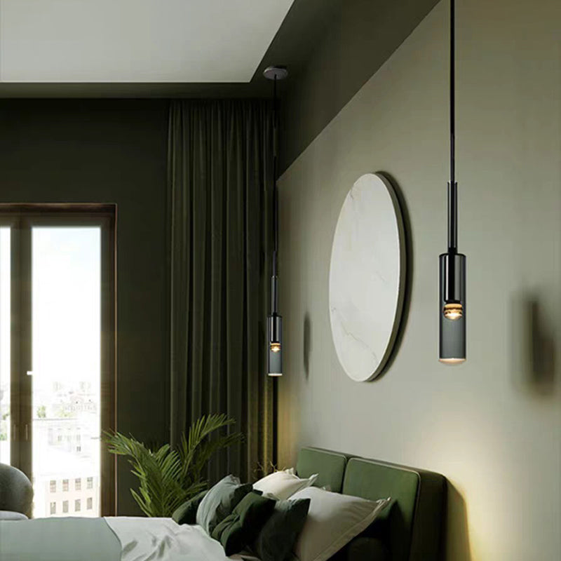 Luce a sospensione grigio in cristallo in moderna lampada a sospensione cilindrica di rame per sala da pranzo