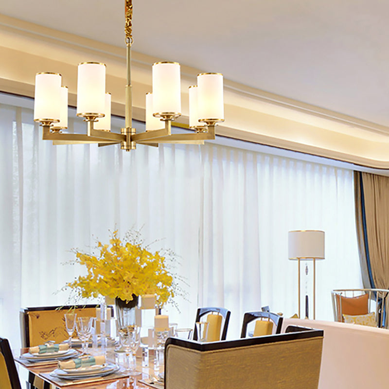 Traditional Brass Cylinder Chandelier Lamp Glass Shade Multi-light Hanging Light Fixtures