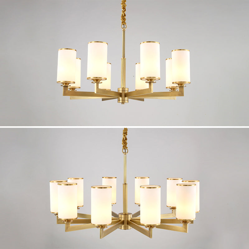 Traditional Brass Cylinder Chandelier Lamp Glass Shade Multi-light Hanging Light Fixtures