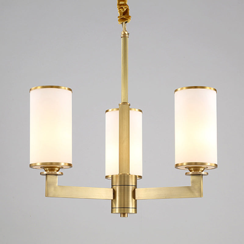 Traditional Brass Cylinder Chandelier Lamp Glass Shade Multi-light Hanging Light Fixtures