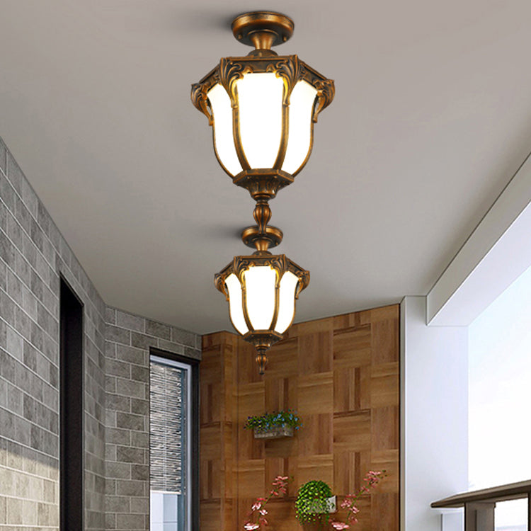 Lantern Semi Flush Mount Light Traditional Glass Shade 1-Light Waterproof Ceiling Lamp