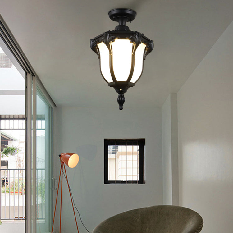 Lantern Semi Flush Mount Light Traditional Glass Shade 1-Light Waterproof Ceiling Lamp