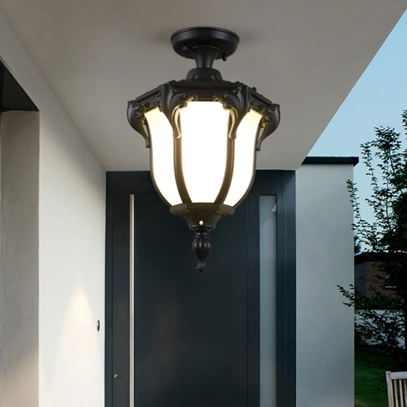 Lantern Semi Flush Mount Light Traditional Glass Shade 1-Light Waterproof Ceiling Lamp