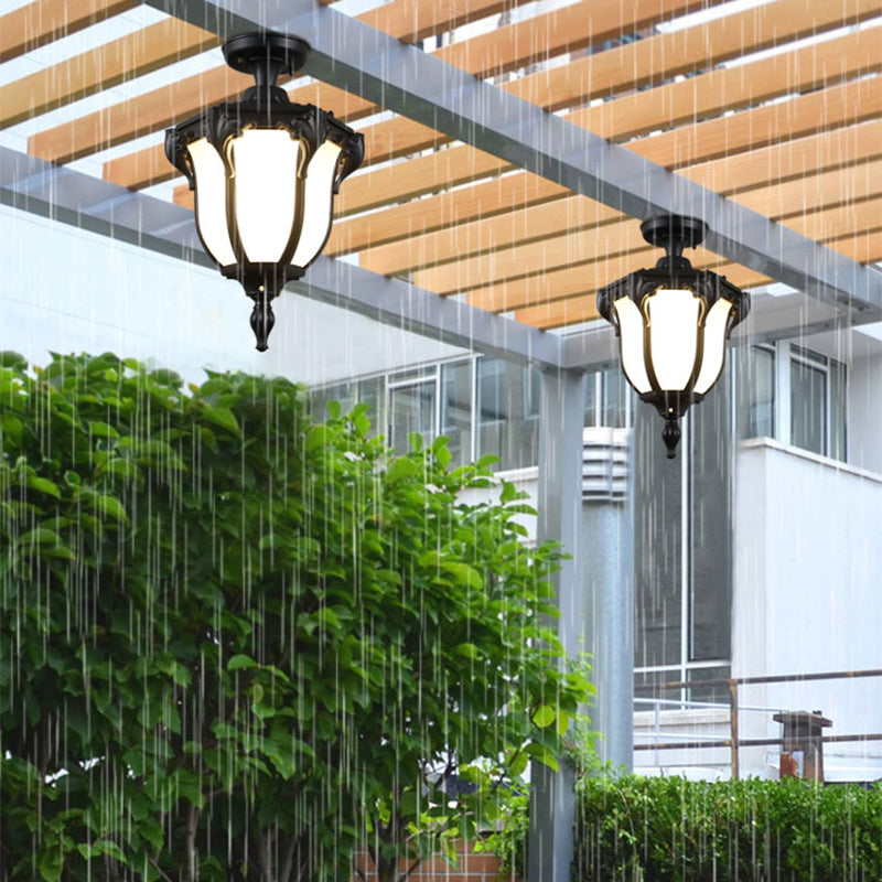 Lantern Semi Flush Mount Light Traditional Glass Shade 1-Light Waterproof Ceiling Lamp