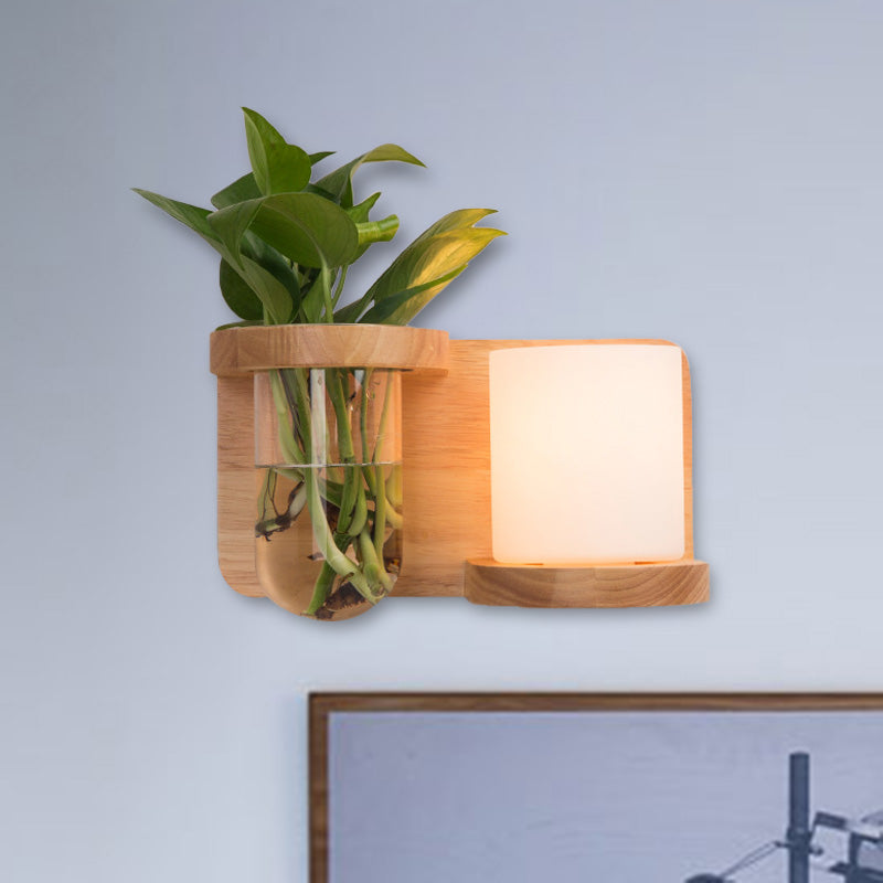 1 Head Barrel/Globe Wall Sconce Industrial Wood Opal Glass LED Wall Light Fixture for Living Room, Left/Right