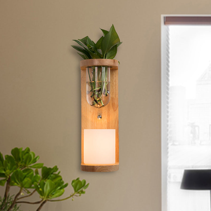 Zylinder Wohnzimmer Wandleuchte Industrial Opal Glas 1 hell Holz LED Leuchter Beleuchtung