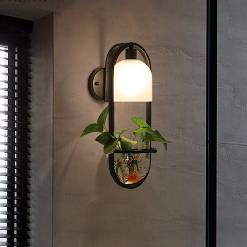 Black 1 Light Wall Lighting Industrial Metal Oval LED Wall Sconce with Plant Cup for Living Room