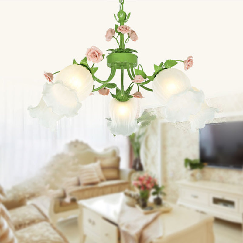 Pastoral Flower Hanging Pendant 3/5 Heads White Glass Chandelier Lighting Fixture in Green for Living Room