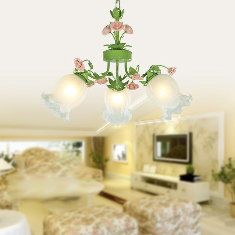 Pastoral Flower Hanging Pendant 3/5 Heads White Glass Chandelier Lighting Fixture in Green for Living Room