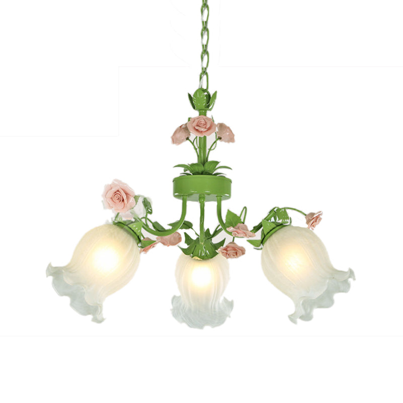 Pastoral Flower Hanging Pendant 3/5 Heads White Glass Chandelier Lighting Fixture in Green for Living Room