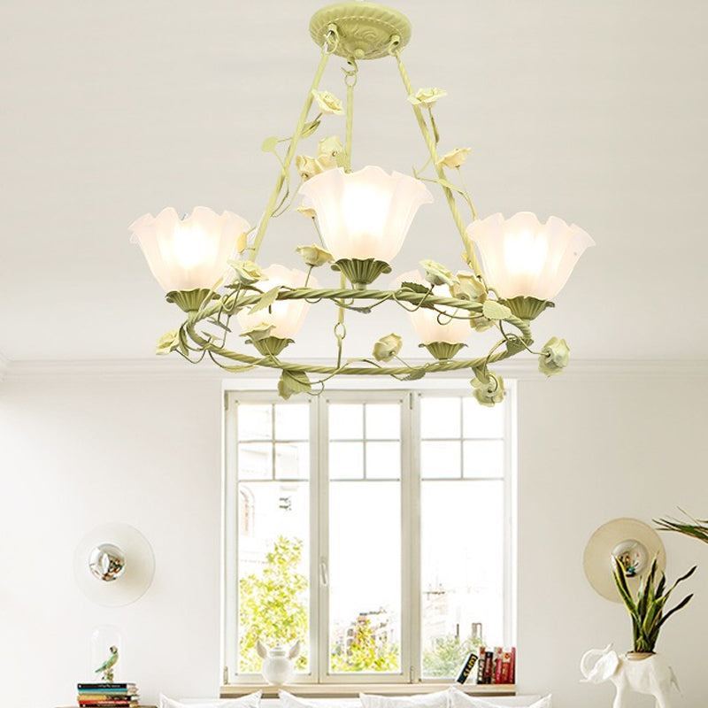 Green 5 Heads Chandelier Lighting Korean Flower Frosted Glass Circle Pendant Ceiling Light for Living Room
