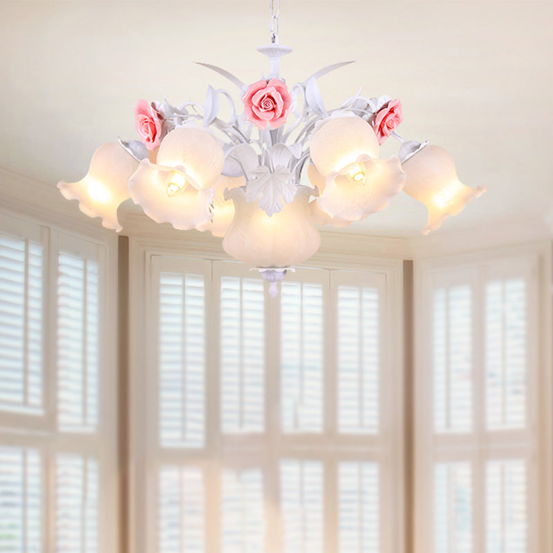 Countryside Blossom Chandelier Lighting Fixture 8 Heads White Glass Pendant Ceiling Light for Dining Room
