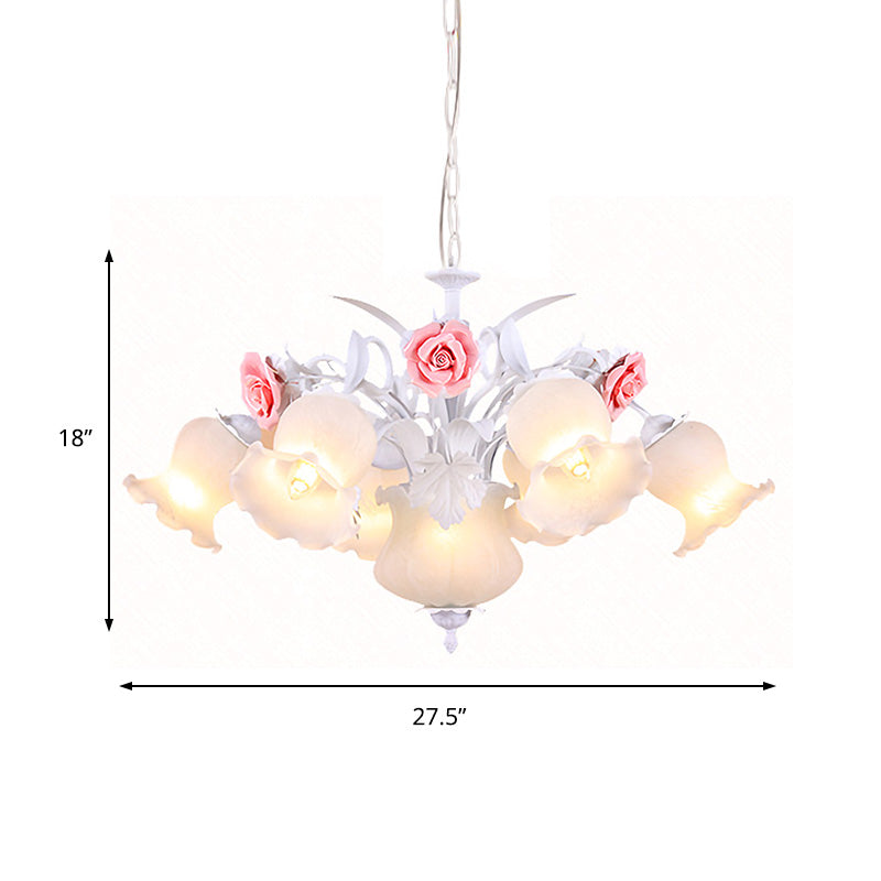 Countryside Blossom Chandelier Lighting Fixture 8 Heads White Glass Pendant Ceiling Light for Dining Room