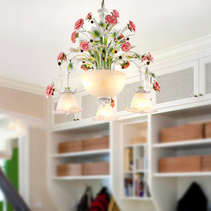 5-Head Ceiling Chandelier Countryside Flower Milk Glass Suspension Lamp for Stair