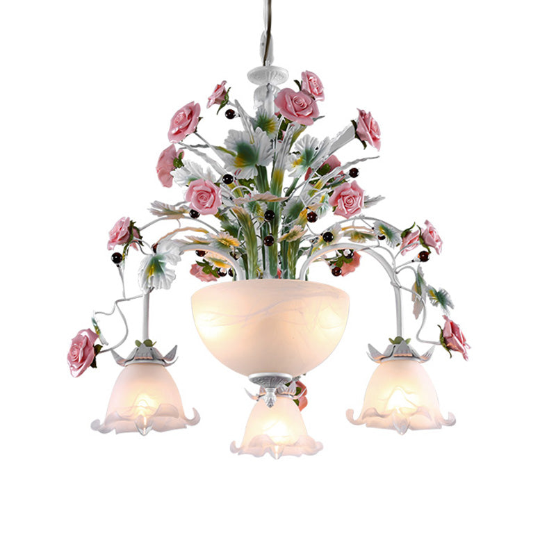 5-Head Ceiling Chandelier Countryside Flower Milk Glass Suspension Lamp for Stair