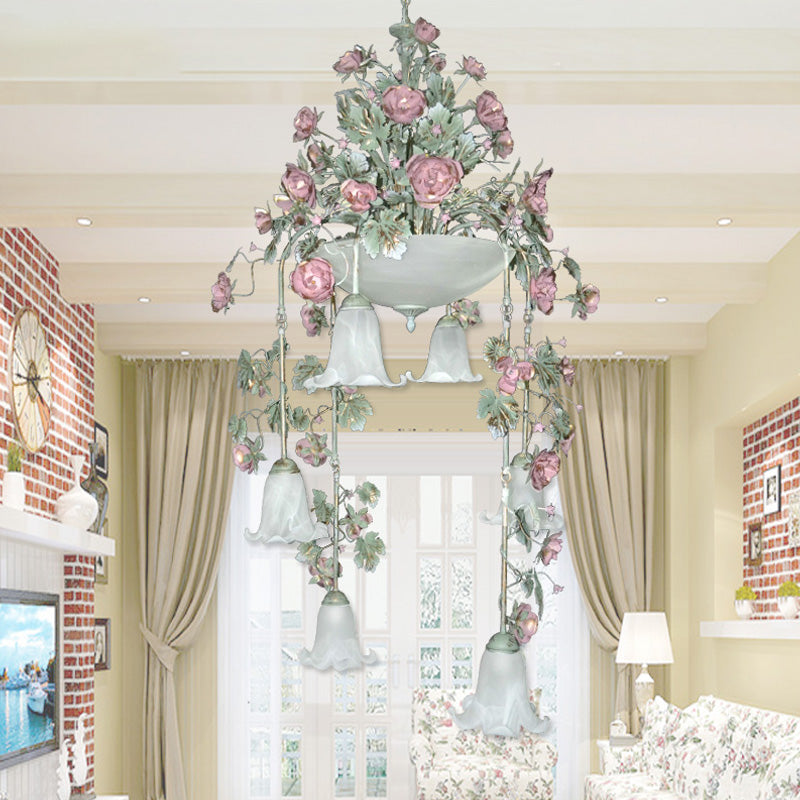 Blossom White Glass Chandelier Lighting Pastoral 10 Bulbs Bedroom LED Suspension Lamp in Pink/Red