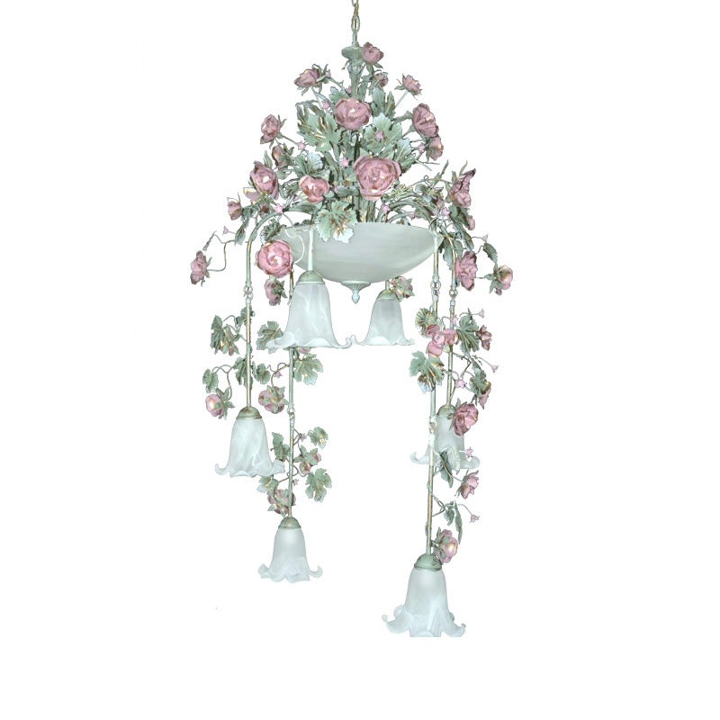 Blossom White Glass Chandelier Lighting Pastoral 10 Bulbs Bedroom LED Suspension Lamp in Pink/Red