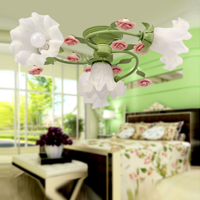 Milk Glass Scalloped Ceiling Lighting Pastoral Style 4 Heads Bedroom Semi Flush Mount Light Fixture in Green