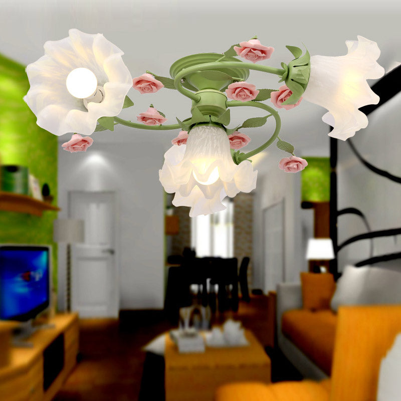 Milk Glass Scalloped Ceiling Lighting Pastoral Style 4 Heads Bedroom Semi Flush Mount Light Fixture in Green