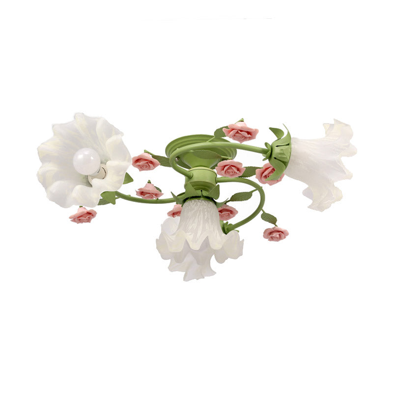 Milk Glass Scalloped Ceiling Lighting Pastoral Style 4 Heads Bedroom Semi Flush Mount Light Fixture in Green