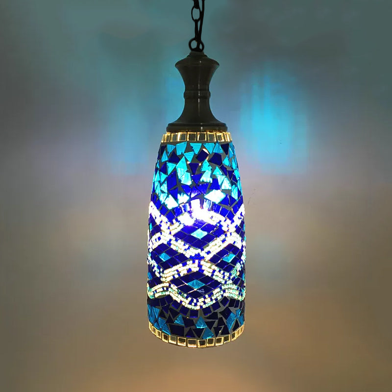 Arte artesanal de vidrio rojo/amarillo/azul Luz de techo alargada 1 cabeza lámpara colgante tradicional
