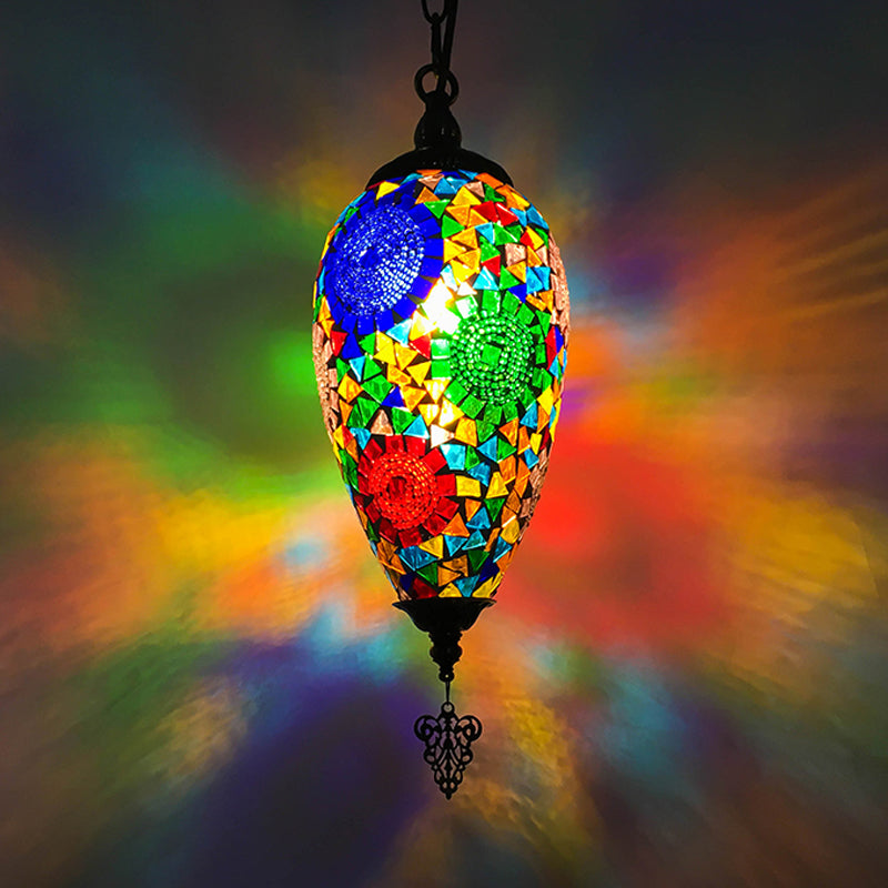 Traditional Urn Hanging Lamp Kit 1 Head Hand Cut Glass Pendant Lighting in Red/Yellow/Blue