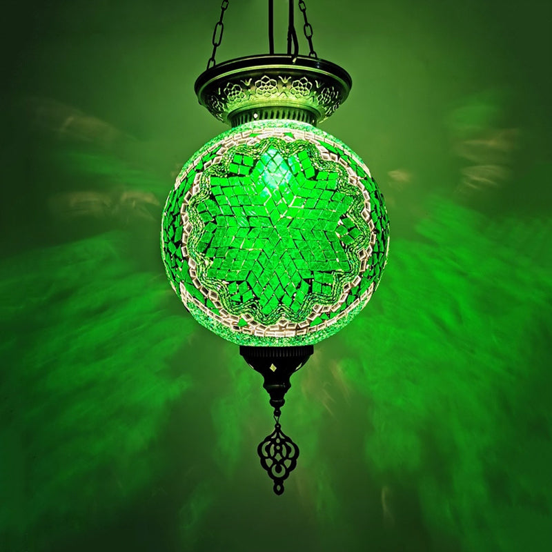 1 Light Stained Art Glass Pendant Light Kit Vintage White/Red/Blue Globe Dining Room Hanging Ceiling Light