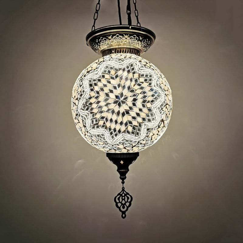 1 Light Stained Art Glass Pendant Light Kit Vintage White/Red/Blue Globe Dining Room Hanging Ceiling Light