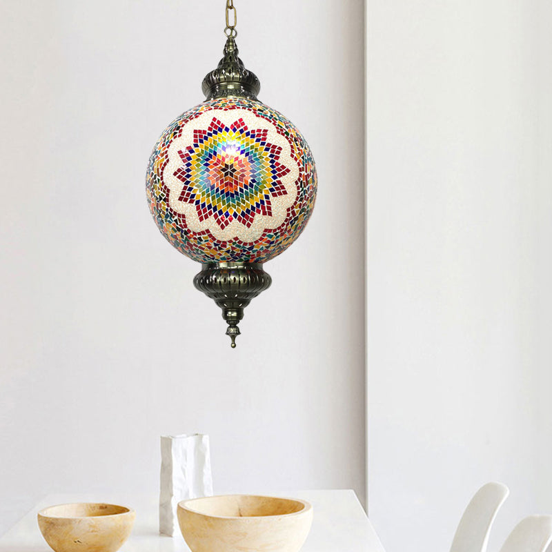 Cut Glass Globe Suspension Lighting Traditional 1 Light Dining Room Pendant Lamp in Red/Yellow/Blue