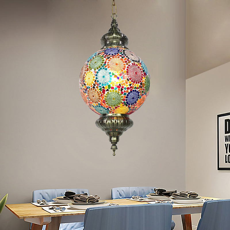 Vintage Orb Ceiling Suspension Lamp 1 Head Stained Glass Hanging Pendant Light in Red/Yellow/Blue
