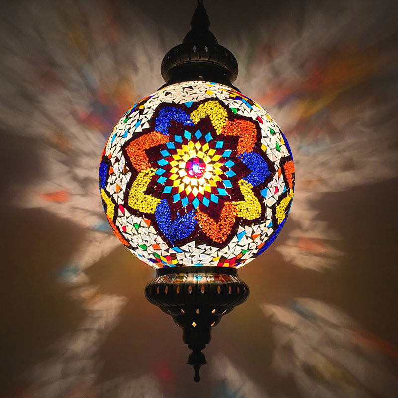 Vintage Orb Ceiling Suspension Lamp 1 Head Stained Glass Hanging Pendant Light in Red/Yellow/Blue