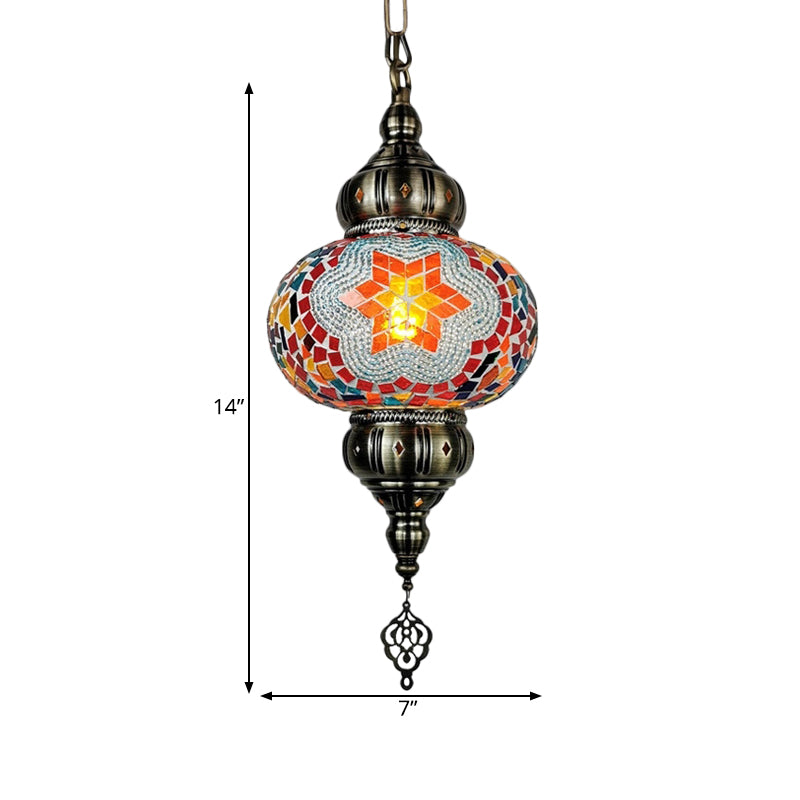 Stained Glass Oval Hanging Light Kit Traditional 1 Head Bedroom Pendant Lighting in White/Red/Orange