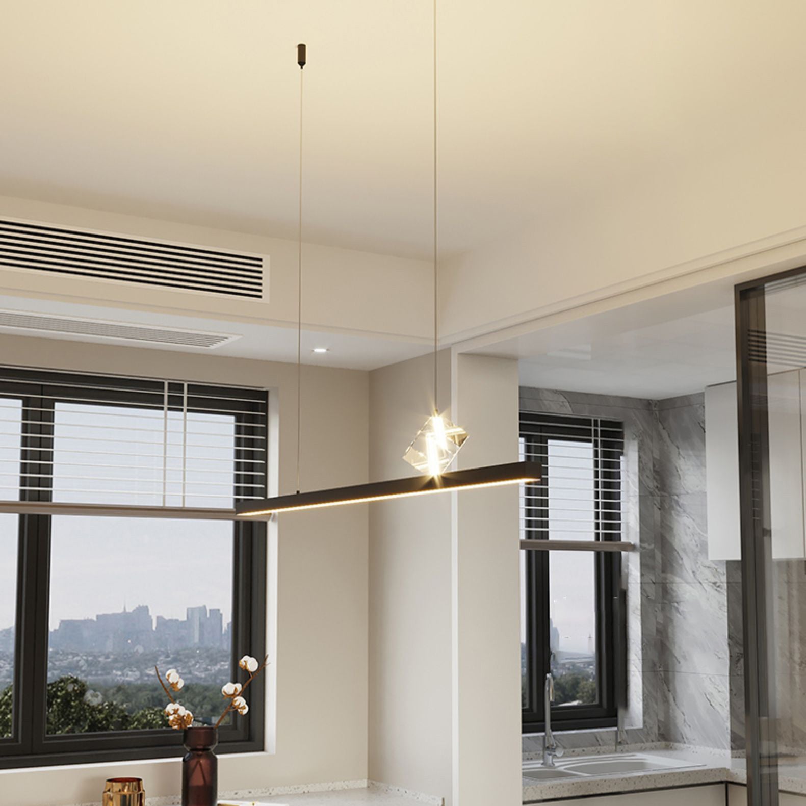 Linear Island Lighting Modern Metal 2 Light Island Chandelier with Crystal