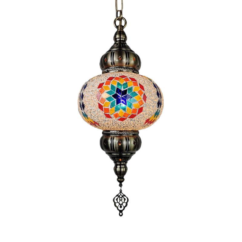 Stained Glass Oval Hanging Light Kit Traditional 1 Head Bedroom Pendant Lighting in White/Red/Orange