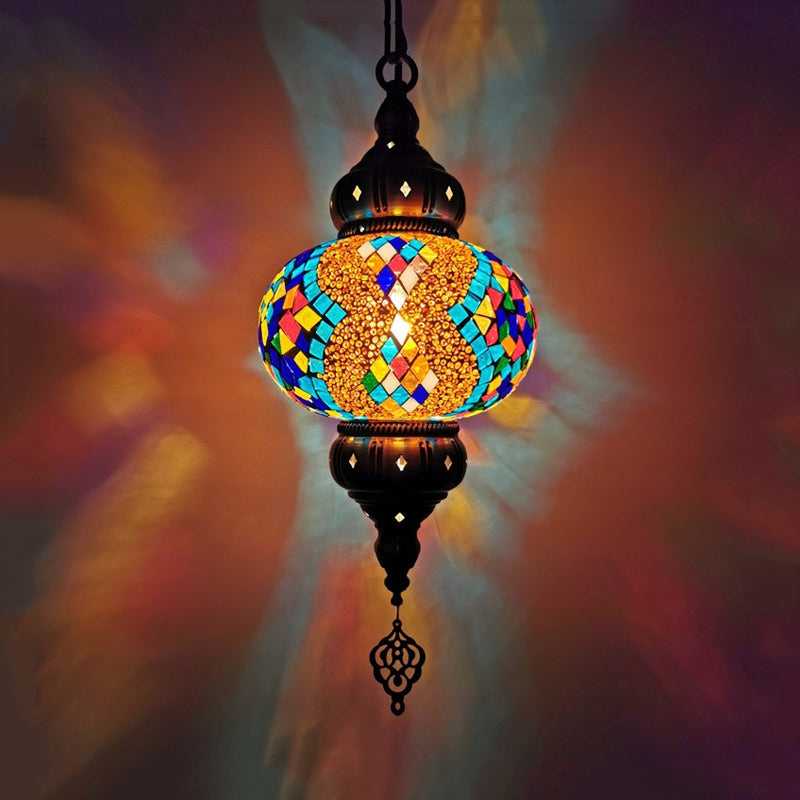 Stained Glass Red/Orange/Green Pendant Lamp Oval 1 Head Vintage Suspension Lighting