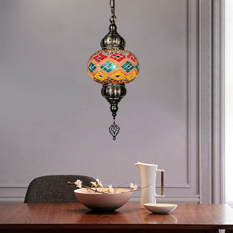 1 Head Cut Glass Ceiling Pendant Light Traditional Beige/Yellow/Blue Oval Dining Room Hanging Light Fixture