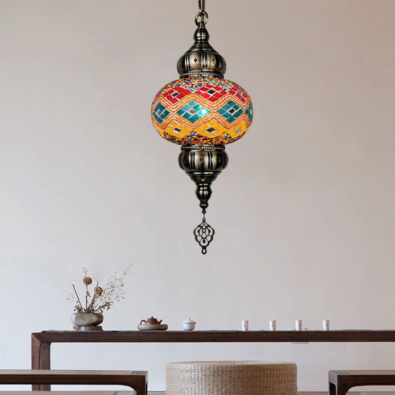 1 Head Cut Glass Ceiling Pendant Light Traditional Beige/Yellow/Blue Oval Dining Room Hanging Light Fixture