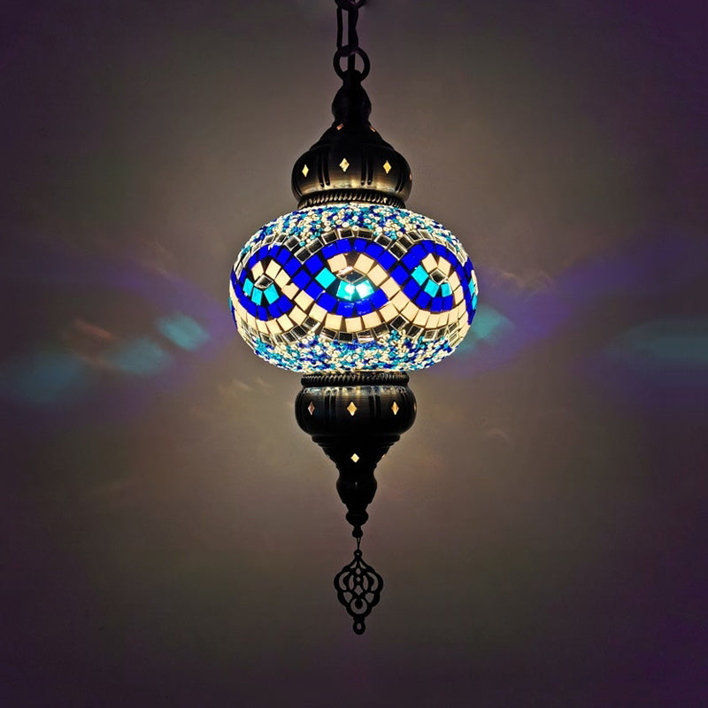 1 Head Cut Glass Ceiling Pendant Light Traditional Beige/Yellow/Blue Oval Dining Room Hanging Light Fixture