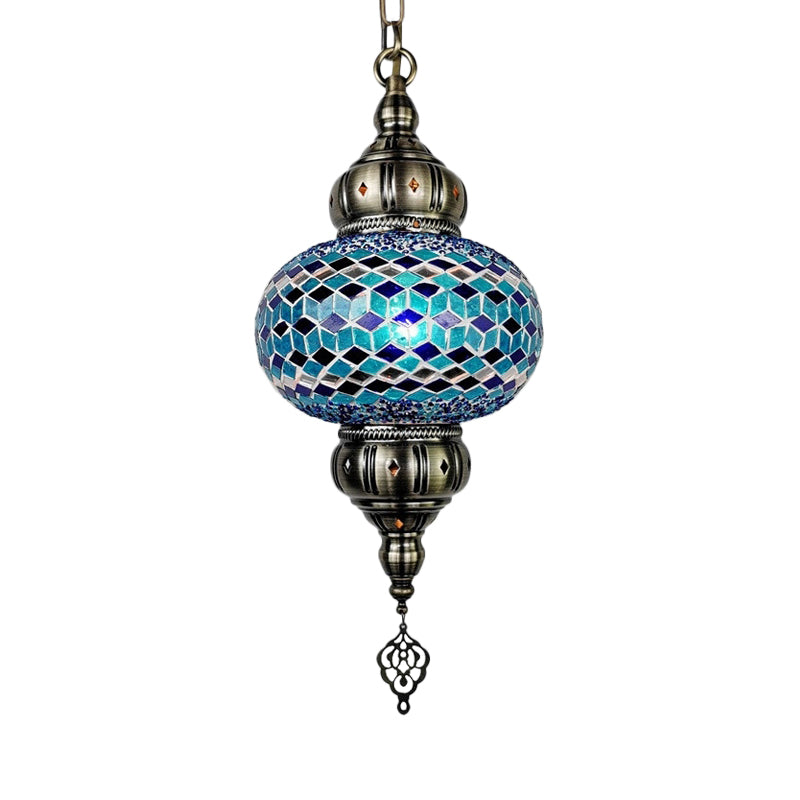 1 Head Cut Glass Ceiling Pendant Light Traditional Beige/Yellow/Blue Oval Dining Room Hanging Light Fixture