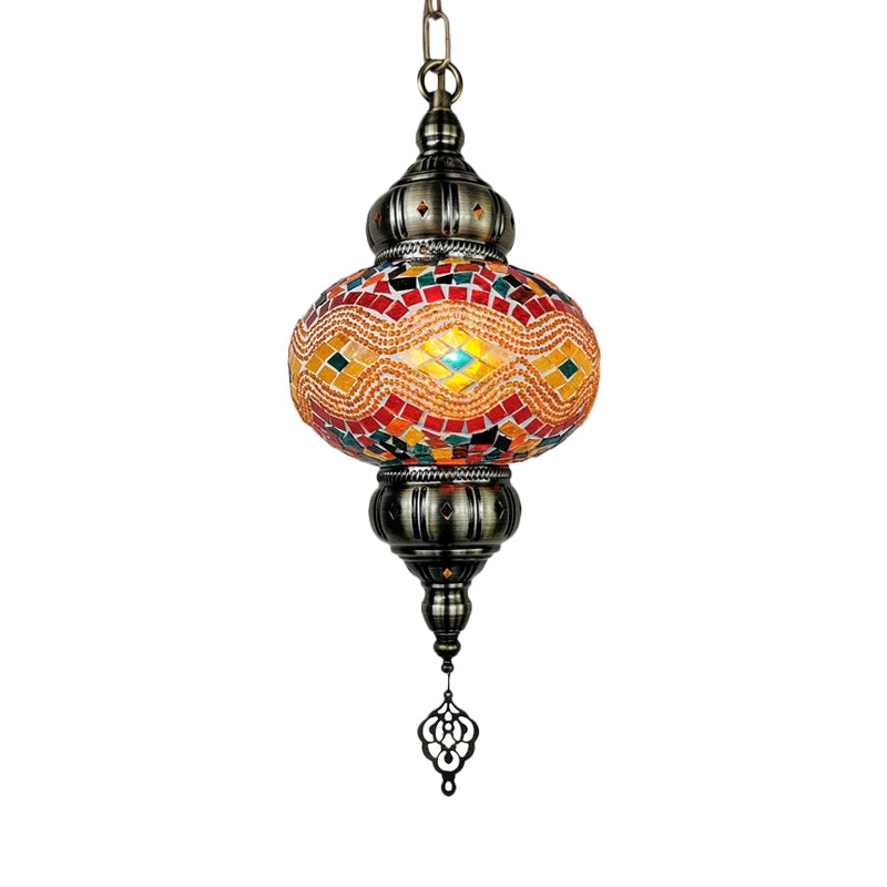 1 Head Cut Glass Ceiling Pendant Light Traditional Beige/Yellow/Blue Oval Dining Room Hanging Light Fixture