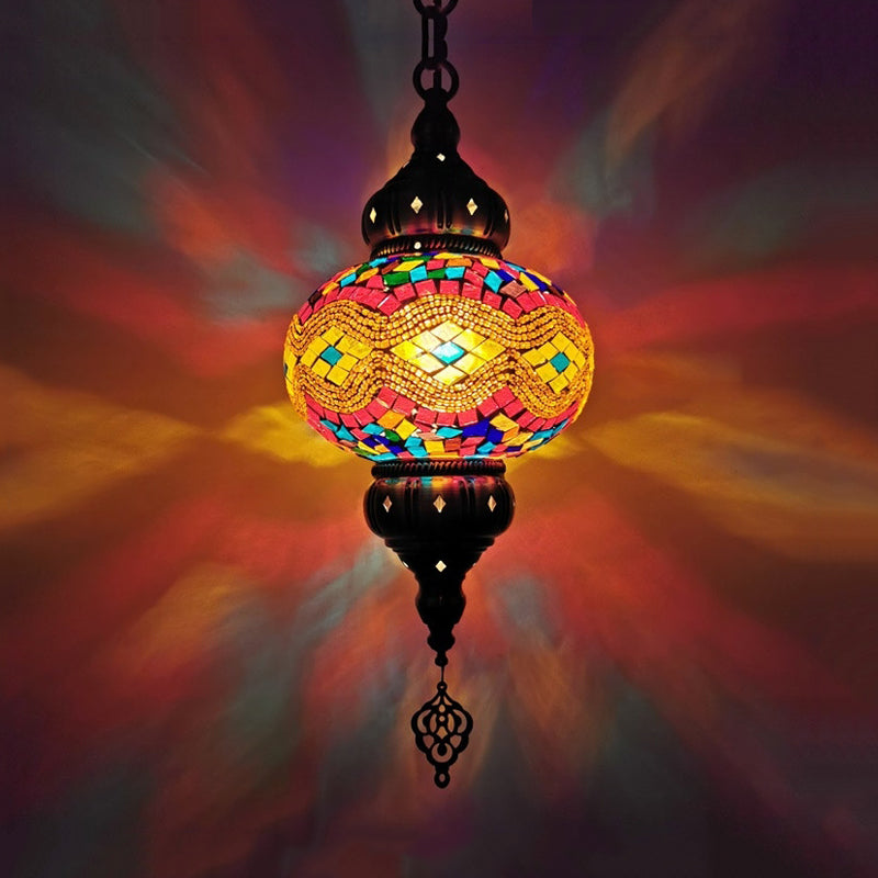 1 Head Cut Glass Ceiling Pendant Light Traditional Beige/Yellow/Blue Oval Dining Room Hanging Light Fixture