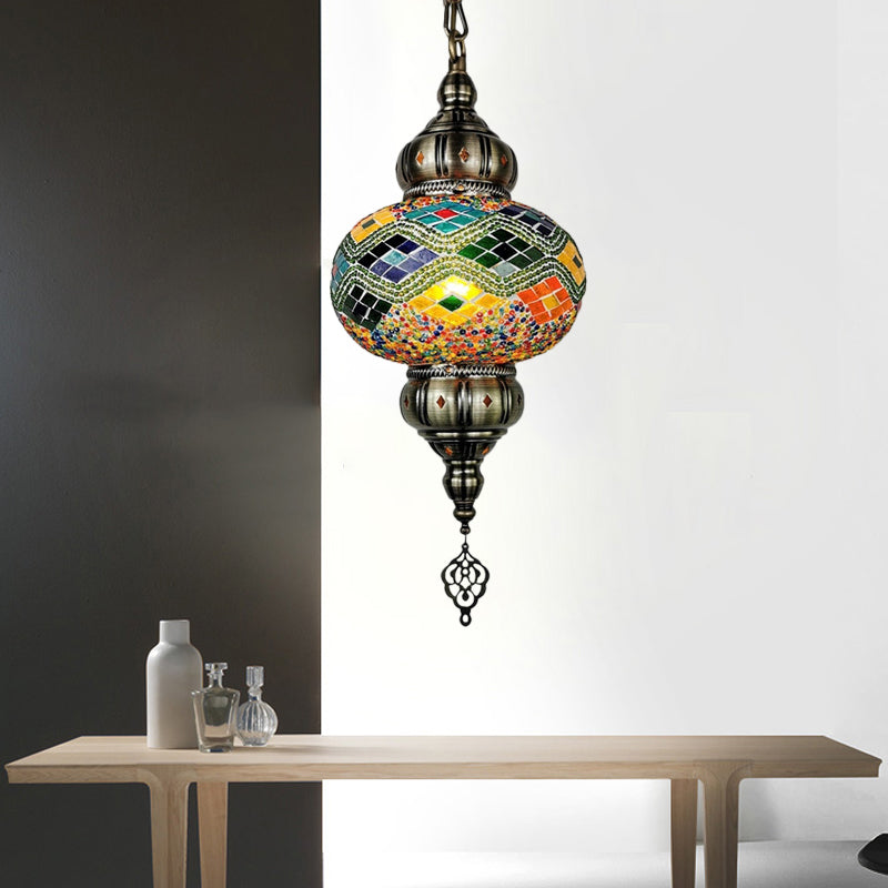1 Head Cut Glass Ceiling Pendant Light Traditional Beige/Yellow/Blue Oval Dining Room Hanging Light Fixture