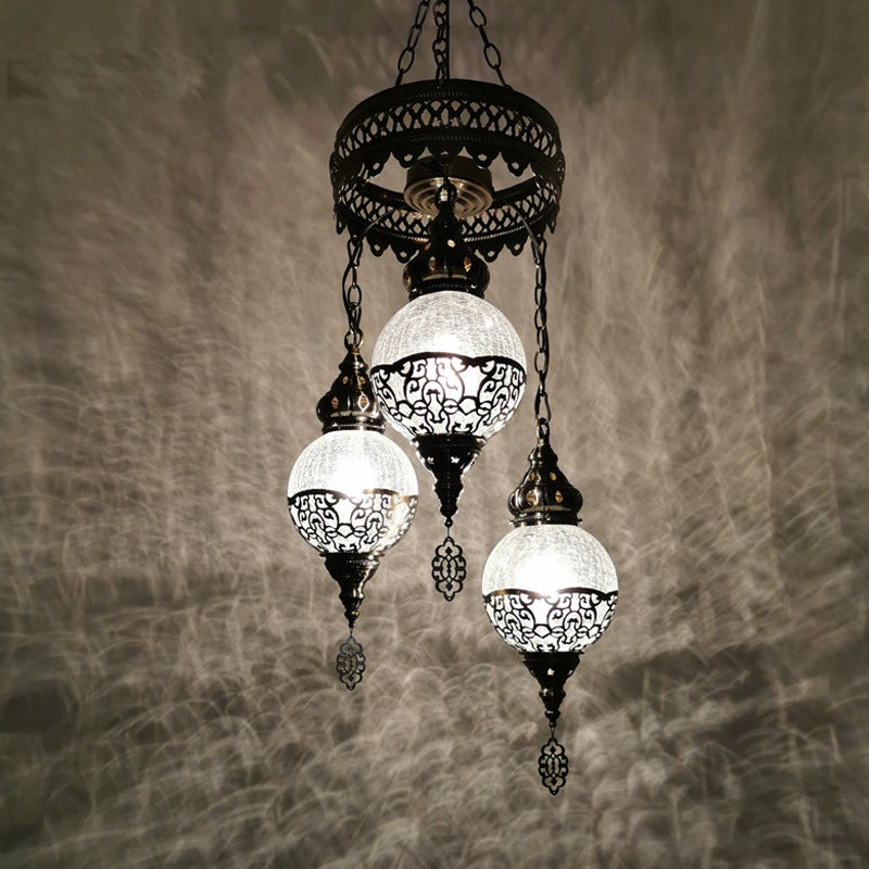 3 Heads Chandelier Lighting Traditional Globe Crackle Glass Hanging Ceiling Light in White/Bronze