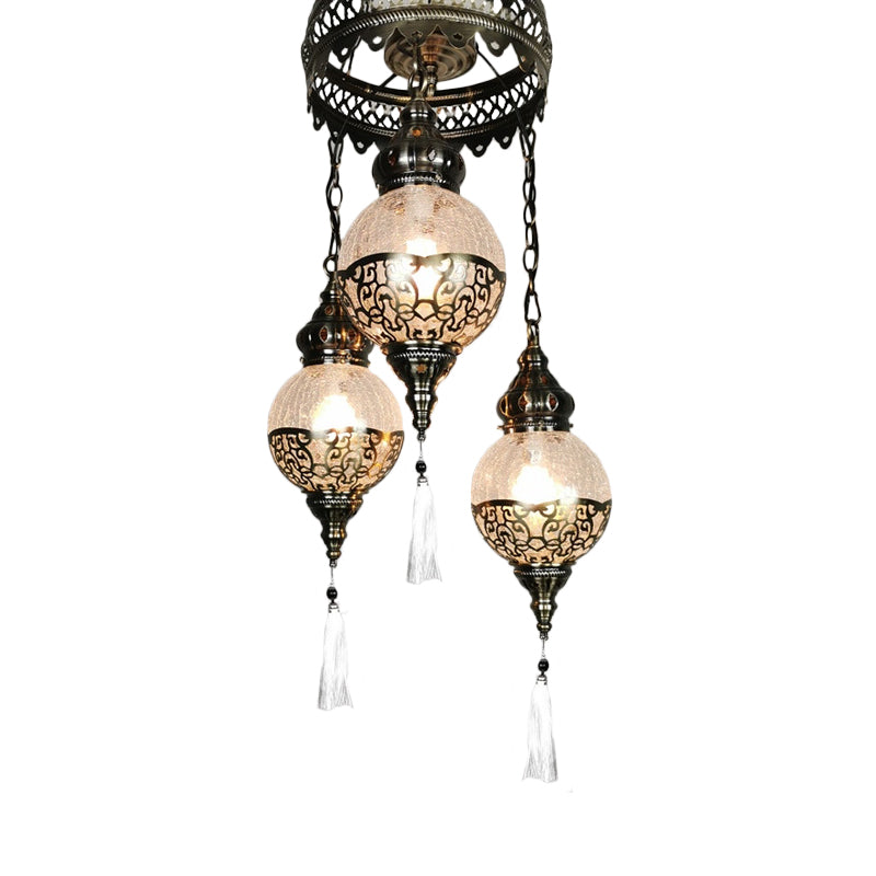 3 Heads Chandelier Lighting Traditional Globe Crackle Glass Hanging Ceiling Light in White/Bronze
