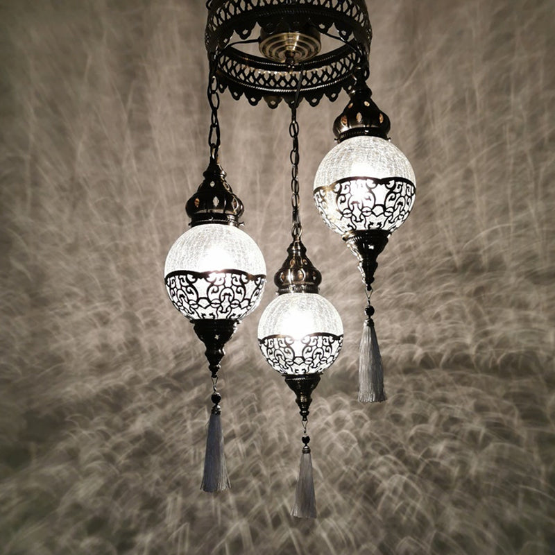 3 Heads Chandelier Lighting Traditional Globe Crackle Glass Hanging Ceiling Light in White/Bronze