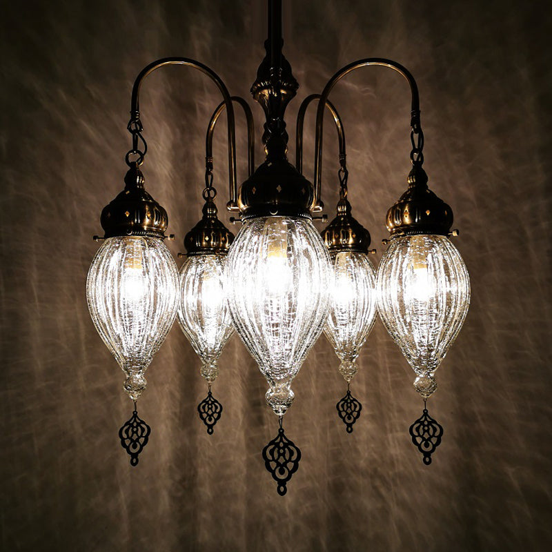 Bronze 5 Heads Chandelier Lamp Traditional White Ribbed Glass Teardrop Ceiling Light